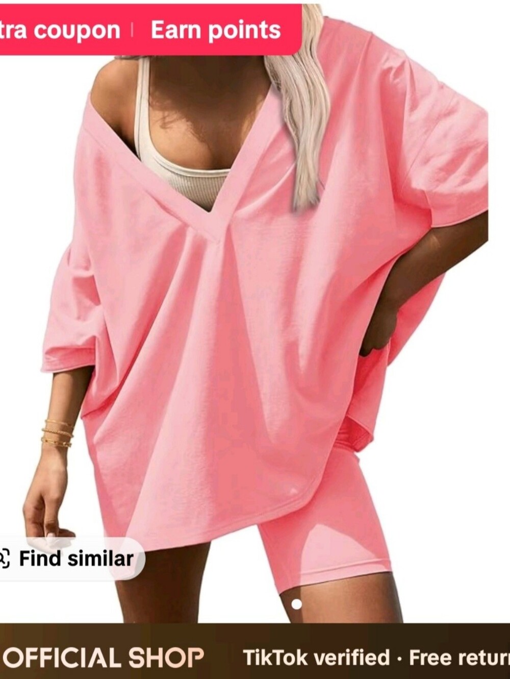 Relaxed V-Neck Oversized Tee & Bike Shorts Set - Pink